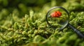 Tiny Red Bug Under Magnifying Glass On Vibrant Green Moss, Macrophotography Of Insect. Royalty Free Stock Photo