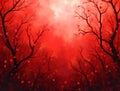Red flowers falling from black trees in fantasy forest painting Royalty Free Stock Photo