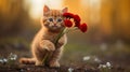 Tiny red kitten holding red flowers in its paws, blurred forest background. Flowering flowers, a symbol of spring, new life