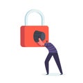 Tiny Robber in Mask Destroying Huge Safe Padlock. Robbery, Cyber Crime, Hacker Attack Concept. Hacker or Intruder