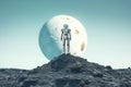 Tiny robot android standing on the Moon surface and watching another planet. AI generated