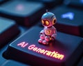 A tiny robot figure is perched on a key of a computer keyboard that reads AI generation.
