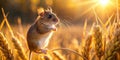 A tiny rodent perched on a stalk of golden grain, bathed in the warm glow of the setting sun. Generative AI Royalty Free Stock Photo