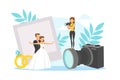 Tiny Romantic Newlyweds Standing Together and Posing for Photographer Shooting Them, Wedding Photo Shoot Flat Vector