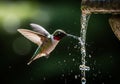 Tiny ruby-throated hummingbird sips water from a dripping fountain in flight isolated on transparent background Royalty Free Stock Photo