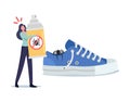 Tiny Scared Woman with Spray against Pests near Huge Sneaker with Creepy Spider inside. Girl Afraid of Arachnophobia