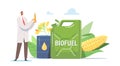 Tiny Scientist Chemist Character Holding Glass Flask with Liquid Eco Petrol Stand at Huge Biofuel Canister with Plants