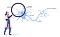 Tiny Scientist Female Character Wearing White Medical Robe Learning Human Neurons Scheme in Scientific Laboratory