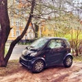 Tiny Smart Car near a beautiful tree Royalty Free Stock Photo