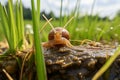 Tiny Snail Among Grass Blades. Generative AI Royalty Free Stock Photo