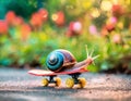 Tiny snail riding skateboard in colorful tulip garden