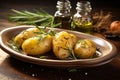 Tiny spuds sprinkled with oil, rosemary, garlic on a retro plate Royalty Free Stock Photo