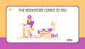 Tiny Student Characters at Huge Bookshelf Landing Page Template. People Learning Homework or Prepare to Exams