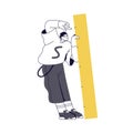 Tiny student holding ruler, measuring size and length. Man character, designer, engineer with big measurement tool in