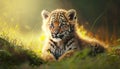 Tiny Royalty: A Majestic Portrait of a Cute Tiger Cub in a Meadow on a Beautiful Summer Day> Generative AI Royalty Free Stock Photo