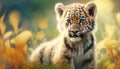 Tiny Royalty: A Majestic Portrait of a Cute Tiger Cub in a Meadow on a Beautiful Summer Day> Generative AI Royalty Free Stock Photo