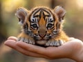 Tiny tiger cub on an open palm, appearing cute and delicate with soft fur and miniature paws