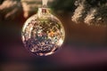 Tiny tinsel pieces inside a transparent hanging Christmas bauble on a tree