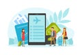 Tiny Tourists Characters Going in Vacation on Luggage, Online Holiday Travel Mobile App Reservation Vector Illustration