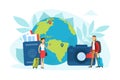 Tiny Tourists Characters Going on Vacation with Luggage, Traveling over the World Concept Vector Illustration