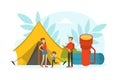 Tiny Tourists Characters Having Camping Trip, Huge Hiking Elements, Family Couple Going on Vacation Vector Illustration