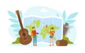 Tiny Tourists Characters with Huge Travel Camping and Hiking Elements, Young Man and Woman Going on Summer Vacation