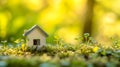 Tiny toy house on spring grass sprouts.