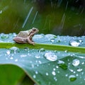 Tiny Tree Frog on a Leaf in the Rain Royalty Free Stock Photo