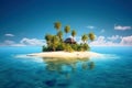 Tiny tropical island with hut and palms surrounded sea blue water, generative AI Royalty Free Stock Photo