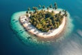 Tiny tropical island with palms and beach surrounded sea blue water, generative AI Royalty Free Stock Photo