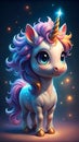 tiny unicorn in a colorful 3d animated landscape