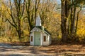 Tiny Upriver Chapel next to the Skagit River and a lush forest near Rockport