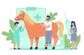 Tiny vet doctors. Miniature veterinarians treat big horse, preventive domestic animal examine and treatment, pet checkup