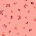 Tiny Vibrant Peach Butterfly and Strawberry Pattern in Vector
