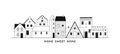 Tiny village houses banner, sweet home concept. Lined apartment house and church, street small city vector graphic