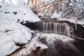 Tiny waterfall fed by the melting snow. Shot was taken at sunset. Warm light falls onto the cold snow and freezing water Royalty Free Stock Photo