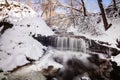 Tiny waterfall fed by the melting snow. Shot was taken at sunset. Warm light falls onto the cold snow and freezing water Royalty Free Stock Photo