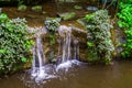 Tiny waterfall in a pond, beautiful garden architecture, nature background