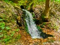 Tiny waterfall on the water stream falling into prepared stone channel in the forest