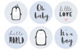 Baby Shower Candy Bar Vector Tag Set. 6 Cute Circle Shape Tags. It`s a Boy. Royalty Free Stock Photo