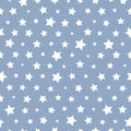 Tiny white irregular Stars on blue background. Minimalist Star geometric shape vector Holiday Seamless Pattern, fashion texture