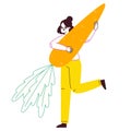 Tiny woman carrying carrot. Female character with vegetarian healthy food, girl women holding huge carrot flat vector illustration