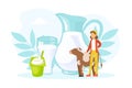 Tiny Woman Farmer and Cow Standing on Background of Natural Eco Dairy Products, Agricultural Industry, Healthy Food