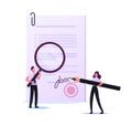 Tiny Woman Notary or Lawyer Signing Document with Huge Pen. Man with Magnifier Learn Initials. Signature Authenticity Royalty Free Stock Photo