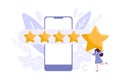 tiny Woman satisfied customer give rating 5 stars on smartphone. People feedback vector illustration by giving star