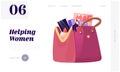 Tiny Woman Sitting on Huge Female Cosmetician Bag Full of Different Things and Belongings as Mobile Phone, Cosmetics