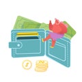 Tiny Woman Sitting Huge Purse Full of Cash and Credit Cards. People and Money Concept. Character Enjoy Finance Success