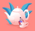 Tiny Woman Sitting on Huge White Porcelain Cup near Teapot. Female Character Serving Table for Tea Party Waiting Friends