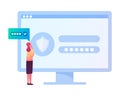 Tiny Woman Stand at Huge Computer with Shield and Stars on Screen Trying to Put Correct Password for Internet Account Royalty Free Stock Photo