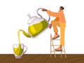 Tiny woman standing on step-ladder pours green tea from kettle into cup on table. Tea ceremony. Vector illustration